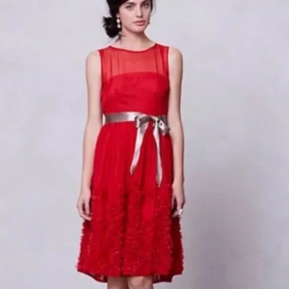 Anthropologie TINY Caridad Ruffled Silk Red Dress Cocktail Party Size 8 Petite